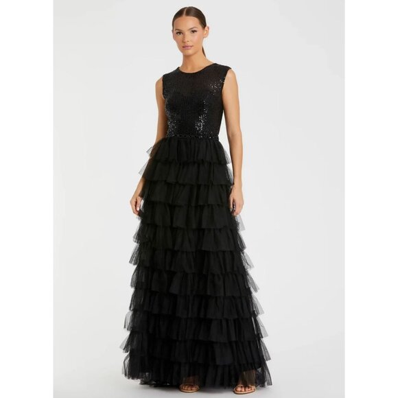 Mac Duggal Dresses & Skirts - Mac Duggal 27055  Black Ruffle Tiered High Neck Sequined Gown Size 8